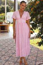 Solid V Neck Puff Sleeve Flared Midi Dress image 15