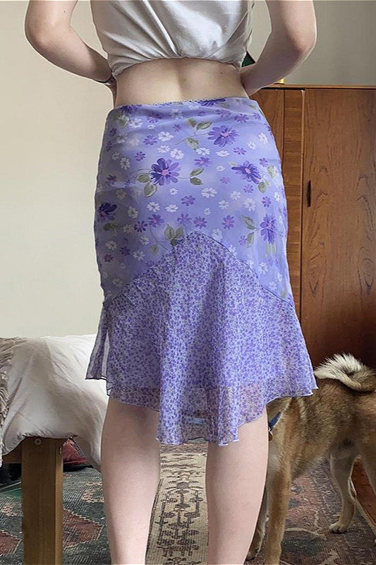 Floral Purple Patchwork Asymmetrical Tulle High Waist Skirt image 4