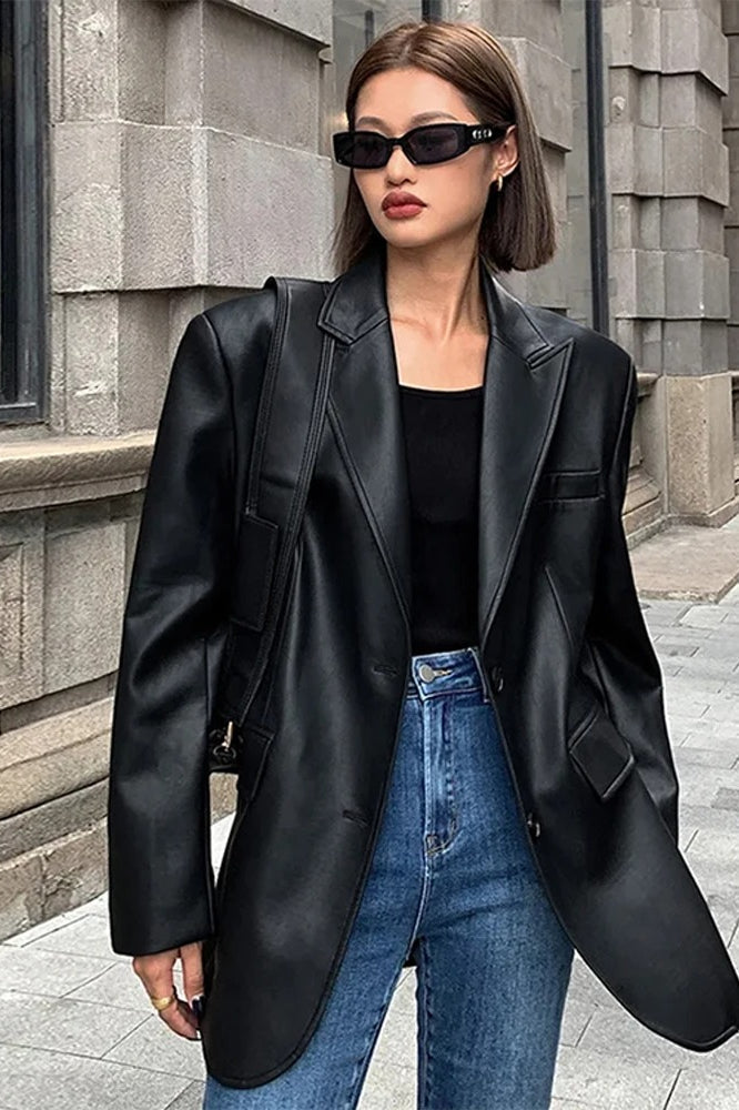 Black PU Leather Blazer Jacket image 8