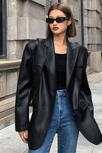 Black PU Leather Blazer Jacket image 8