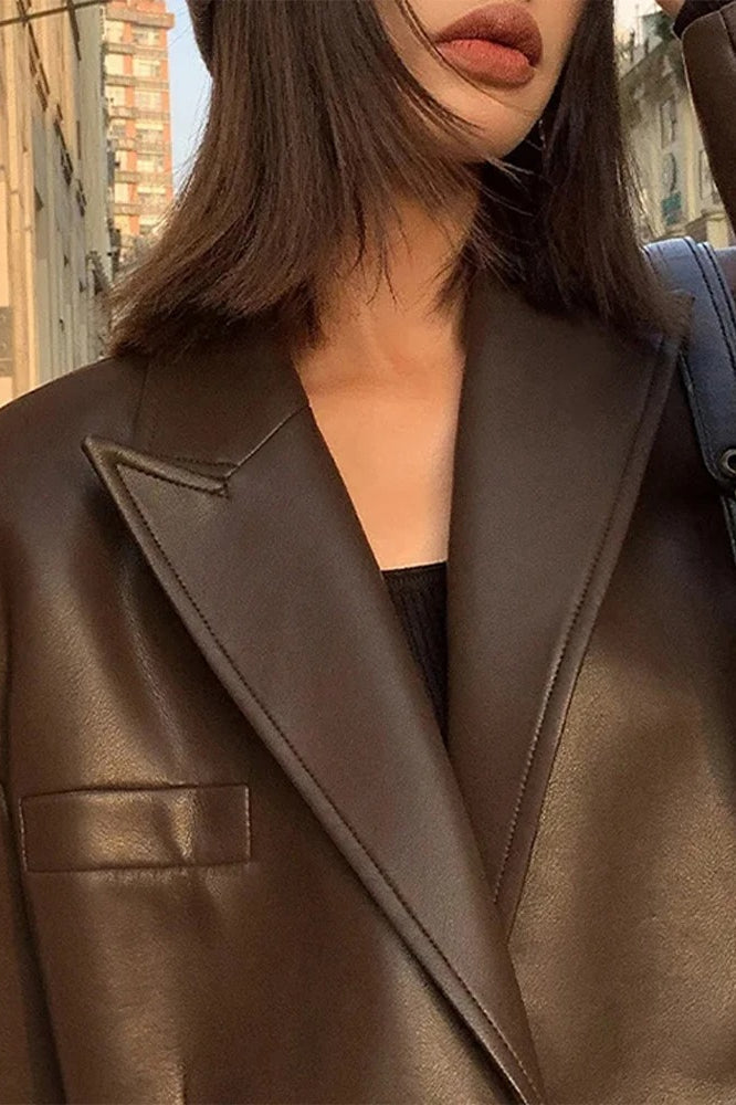 Black PU Leather Blazer Jacket image 5
