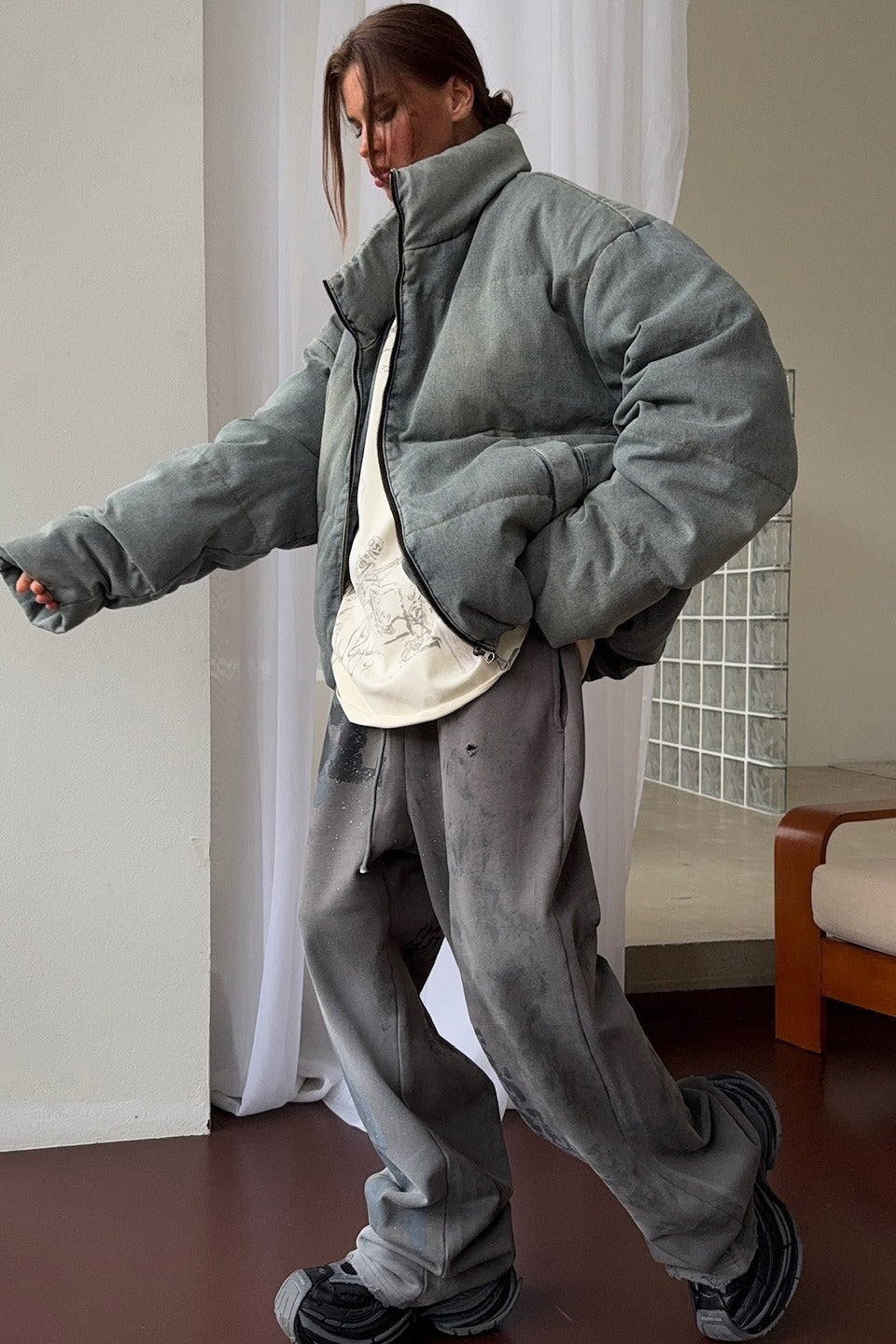 Washed Denim Stand Collar Puffer Jacket image 7
