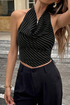 Elegant Stripe Halter Draped Tank Top image 2