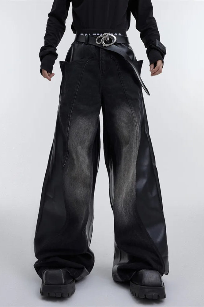 Wide Leg PU Leather Patchwork Jeans image 24