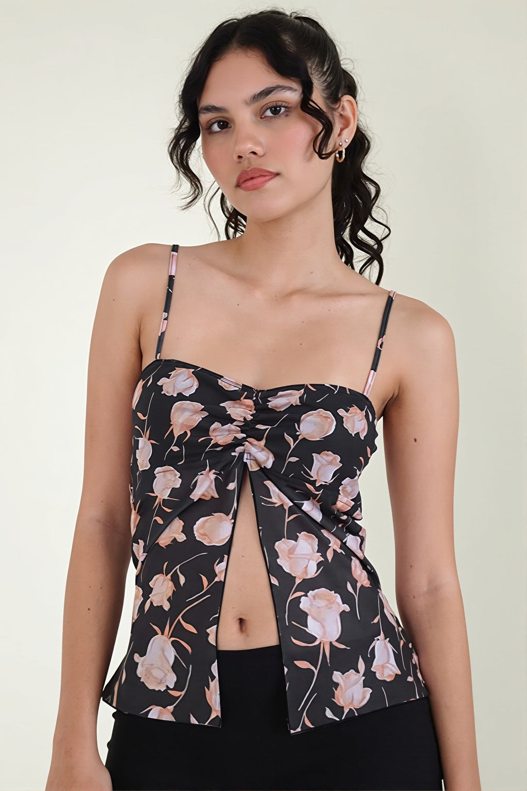 Mesh Rose Print Split Cami Top image 1