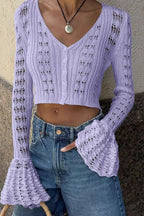 Cutout V-Neck Solid Short Long-Sleeve Knit Cardigan image 5