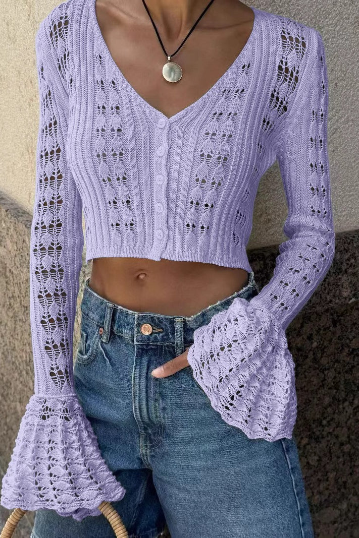 Cutout V-Neck Solid Short Long-Sleeve Knit Cardigan image 5