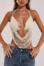 Halter Hollow Mesh V Neck O Ring Halter Top image 1