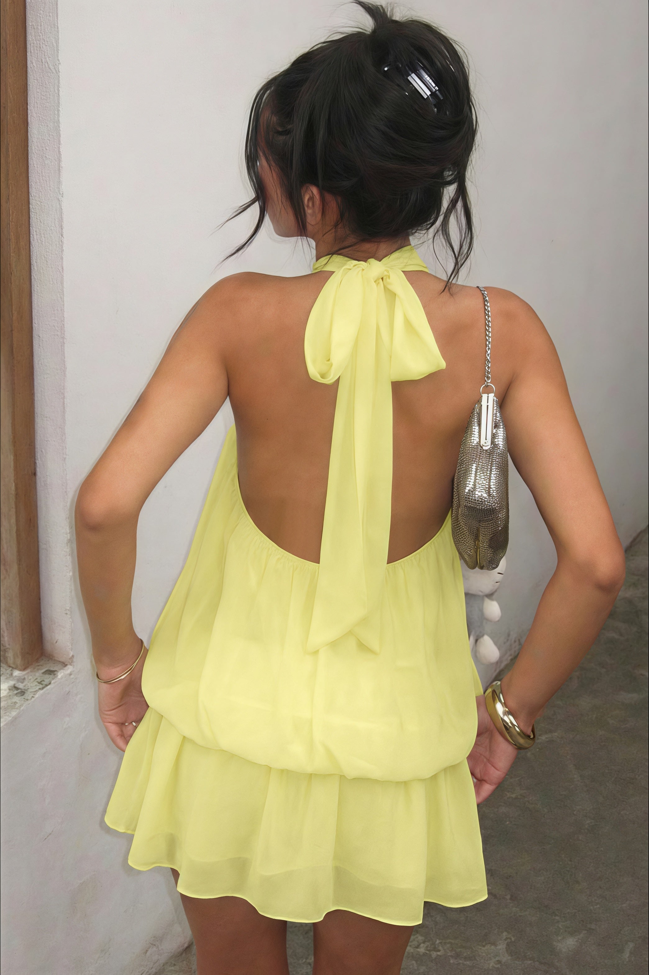 Sexy Halter Neck Backless Solid Color Waist Cinching Puffy Mini Dress image 2