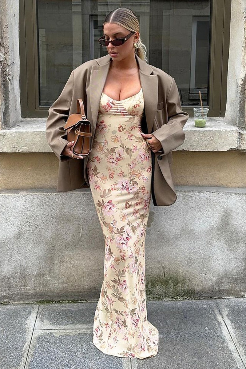 Sexy Low Cut U-Neck Floral Print Slit Cami Maxi Dress image 3