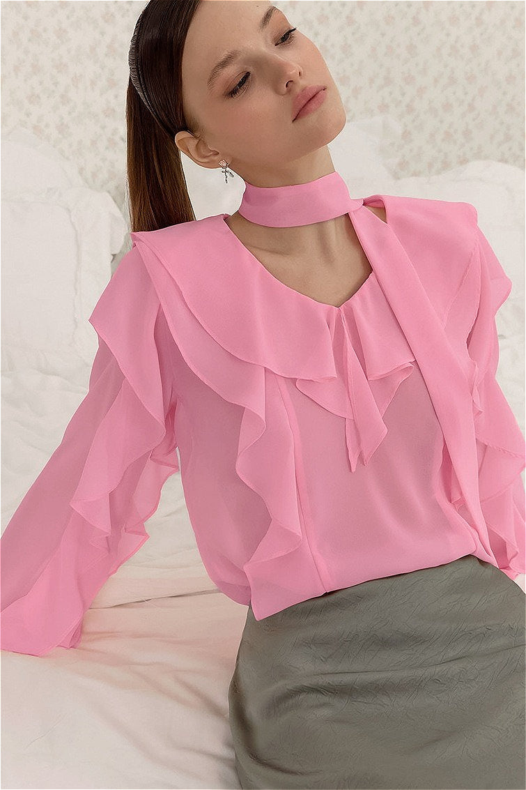 Elegant Solid Chiffon Ruffled Tie Blouse image 10