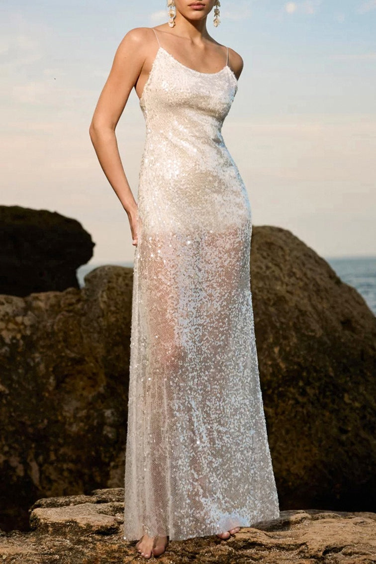 Solid Patchwork Sheer Backless Cami Sequin Maxi Dress image 7