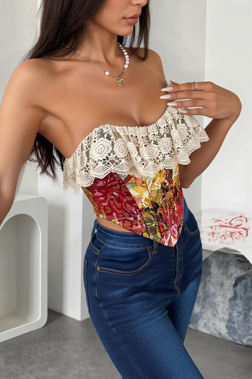 Art Print Lace Panel Boned Vintage Jacquard Cami Blouse image 1