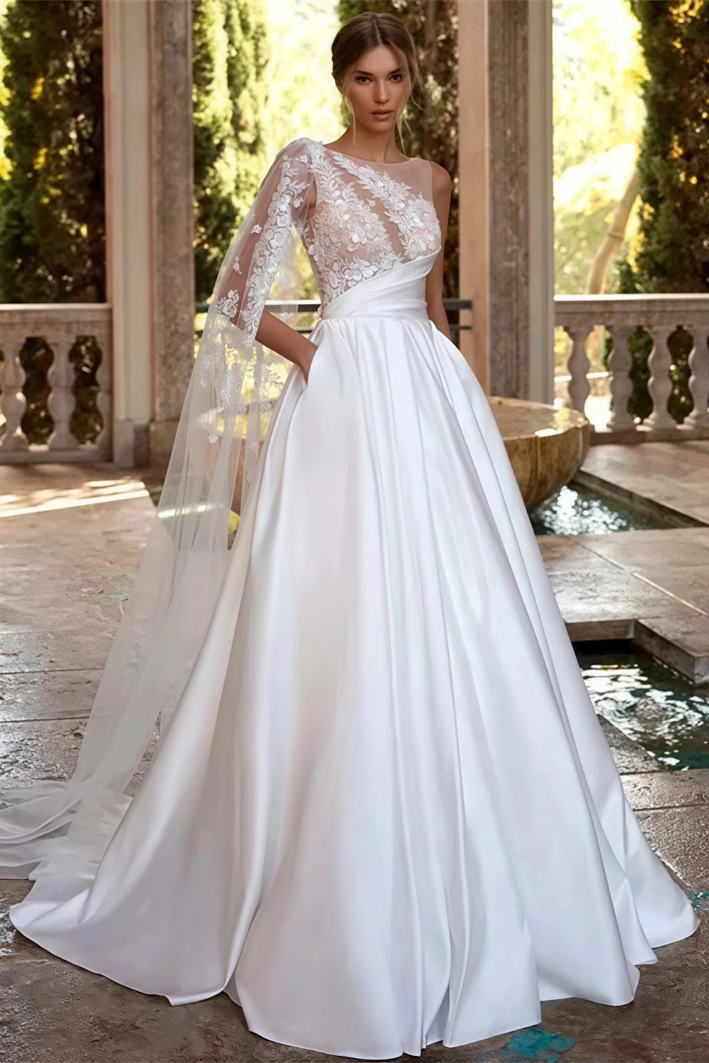 Simple Asymmetrical Shoulder Mesh Applique Train Wedding Dress image 1