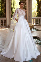 Simple Asymmetrical Shoulder Mesh Applique Train Wedding Dress image 1