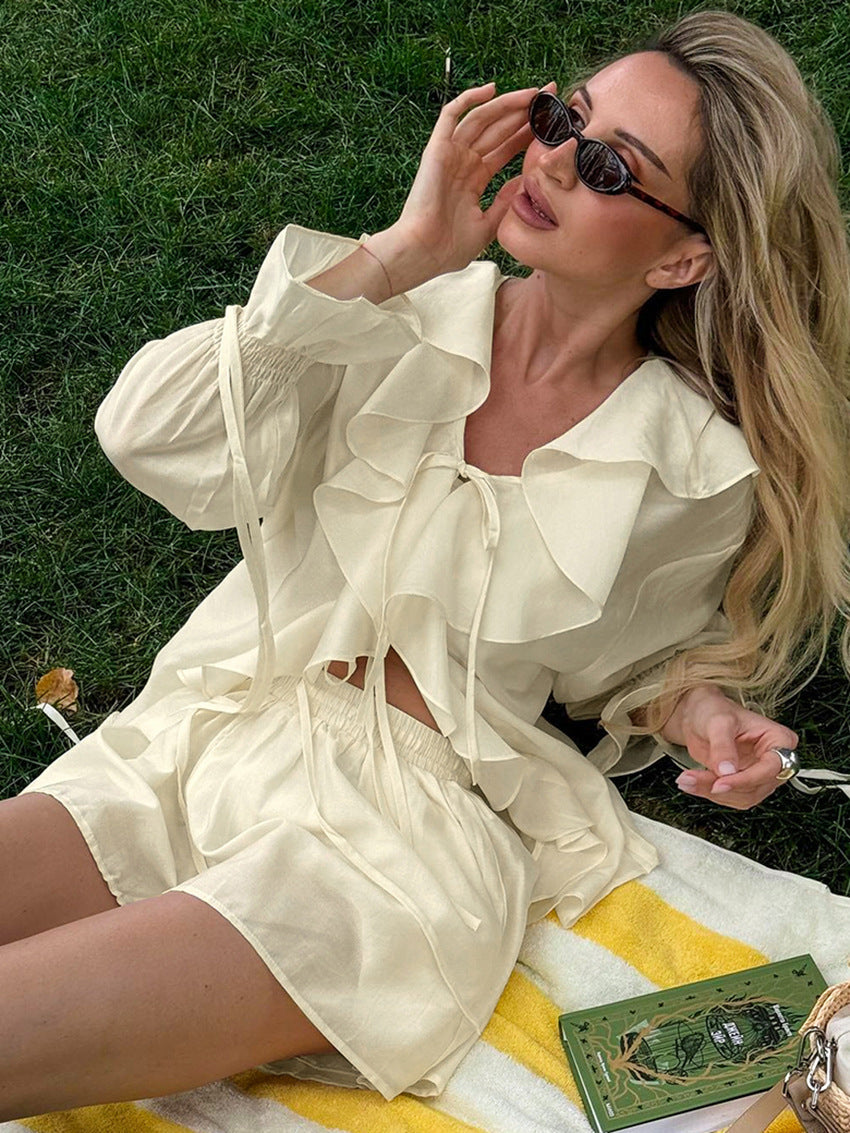 Ruffled Hem Tie Front Cardigan & Shorts Set Blouse image 3