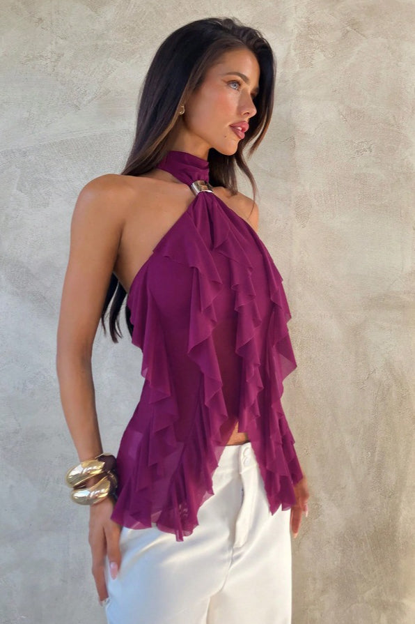 Chic Solid Ruffle Slim Halter Top image 3