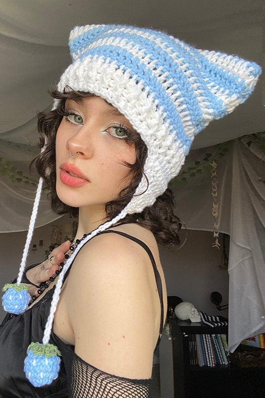 Fox Ears Color Block Striped Pom Pom Knitted Hat image 2