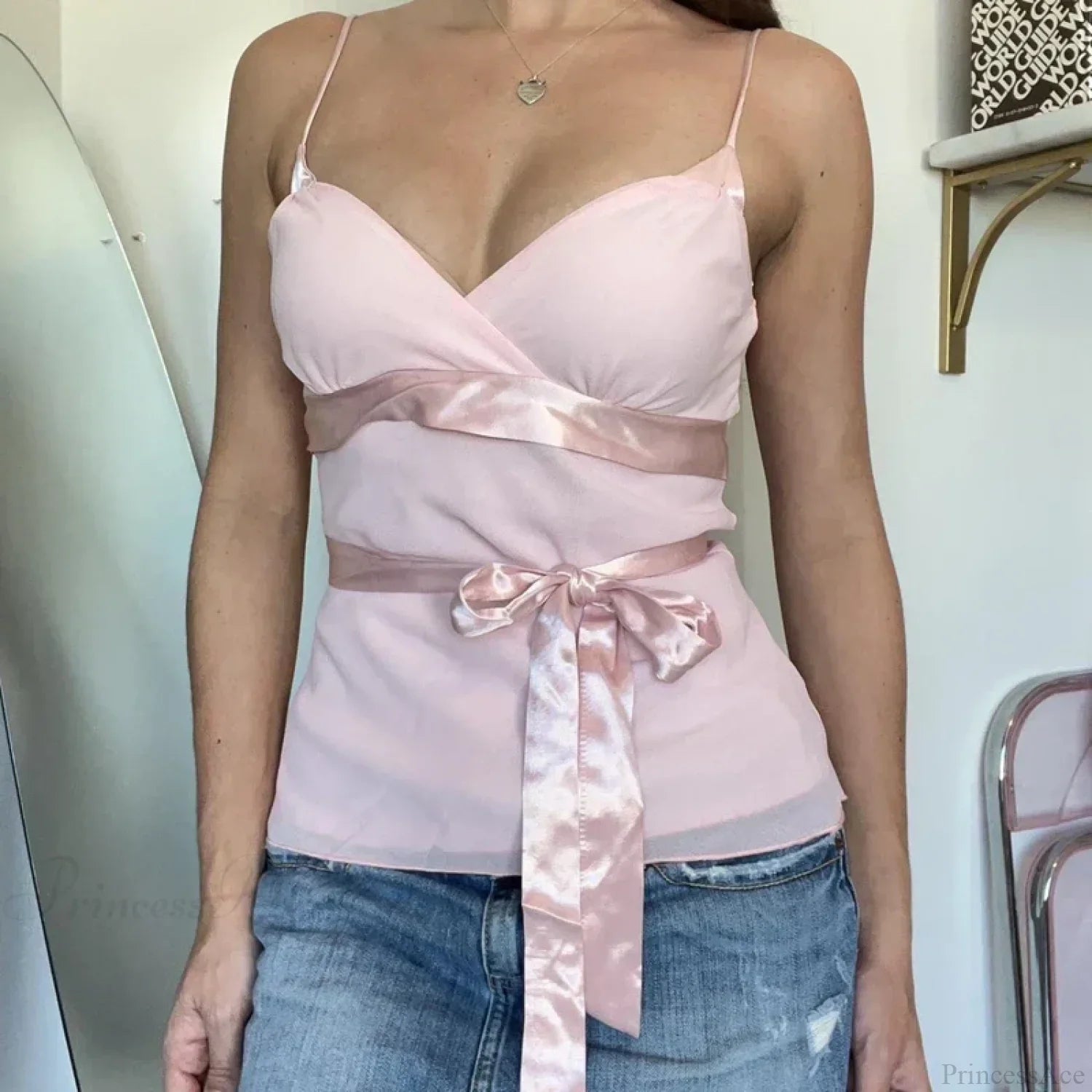 Baby Pink Babydoll Satin Ribbon Bowknot Fairy Sleeveless Y2K Crop Top image 4