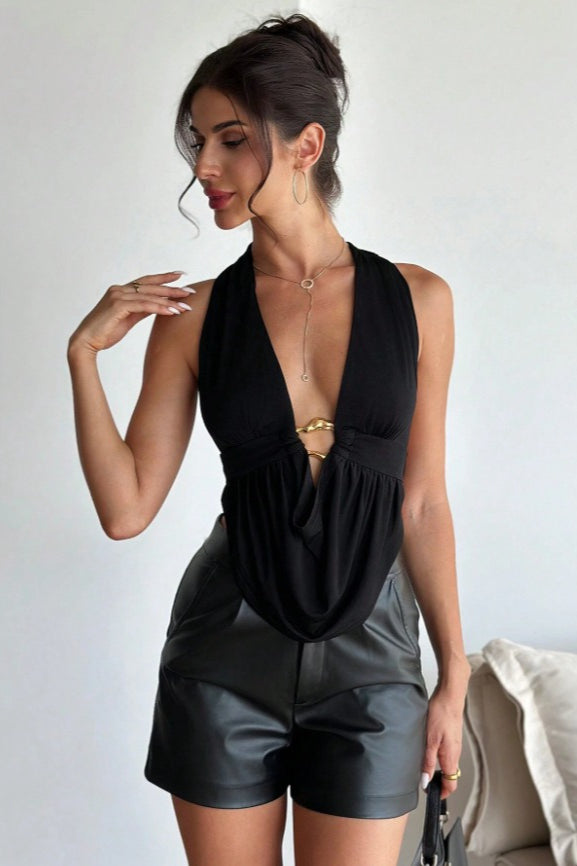 Sexy Solid Metal Buckle Backless Halter Top image 1