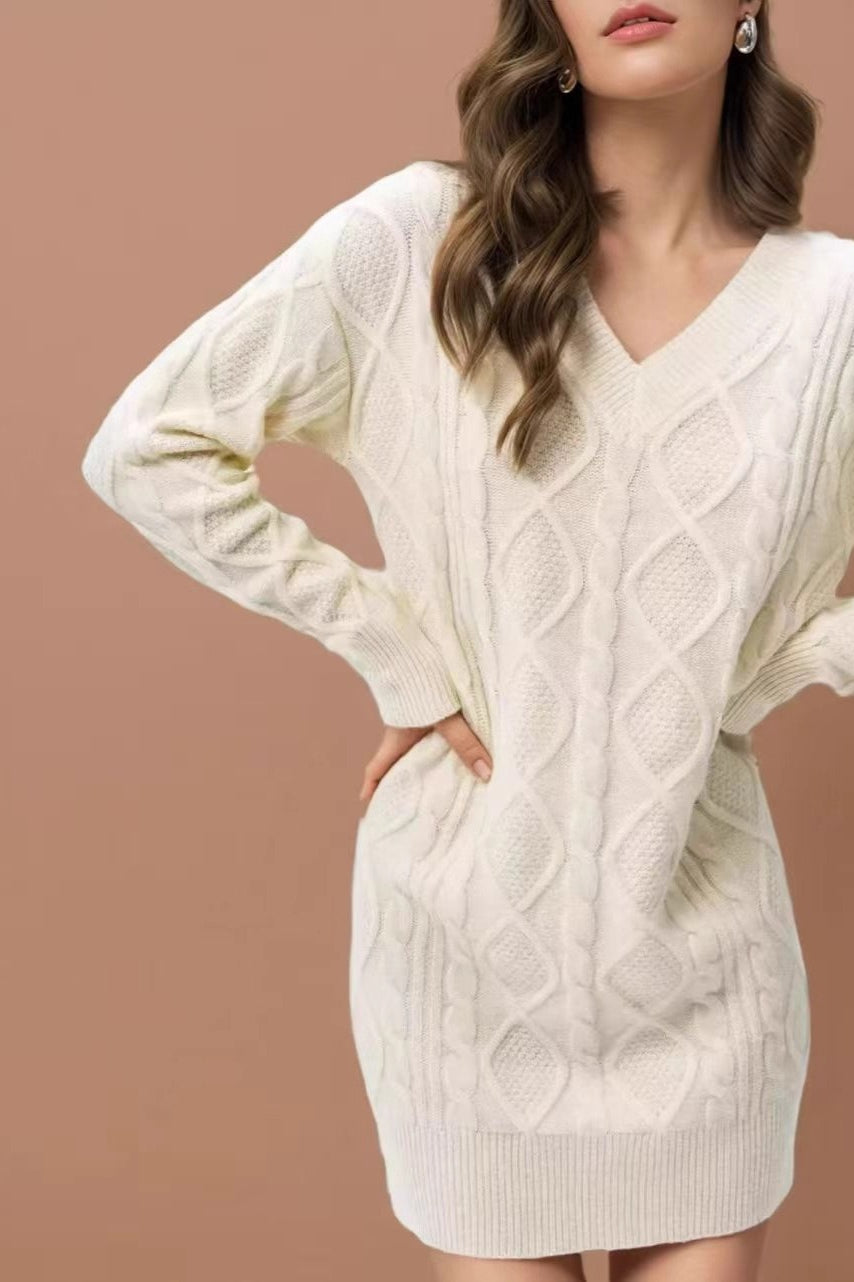 V-Neck Solid Cable-Knit Sweater Mini Dress image 7