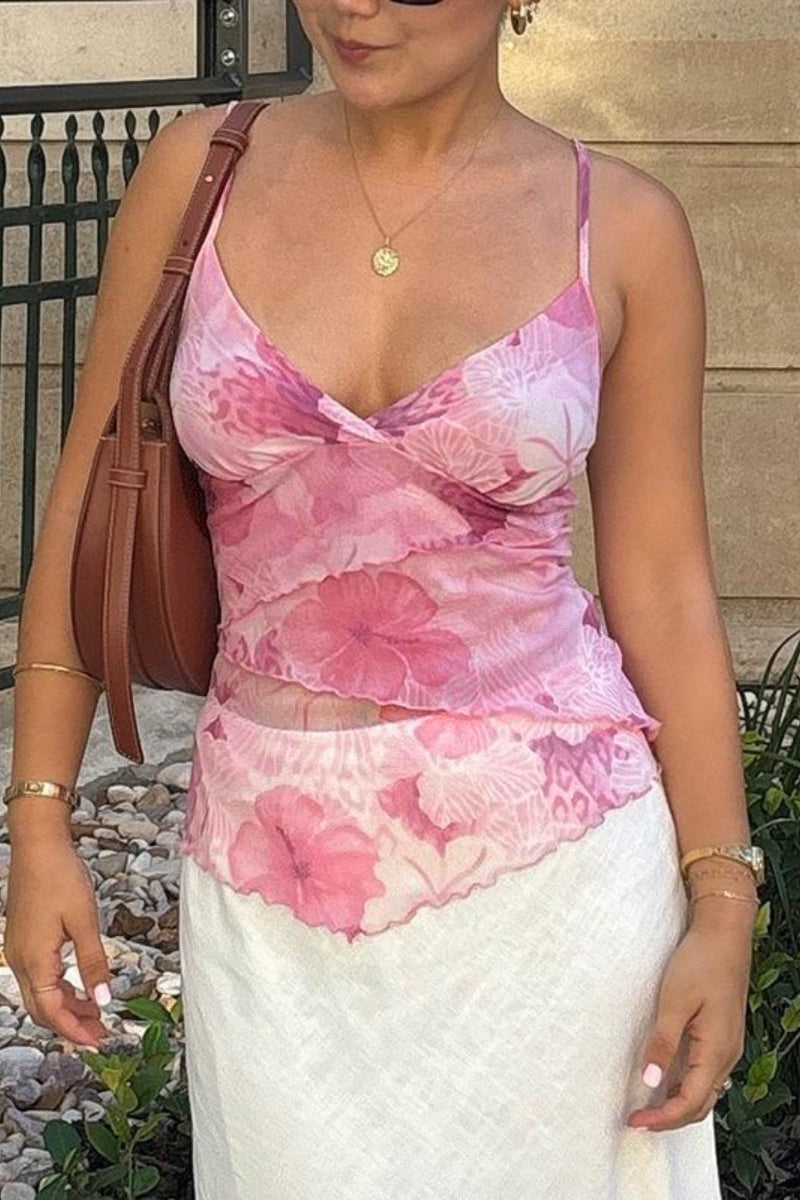 Floral Trim Chiffon Waist Cinched Padded Cami Top image 2