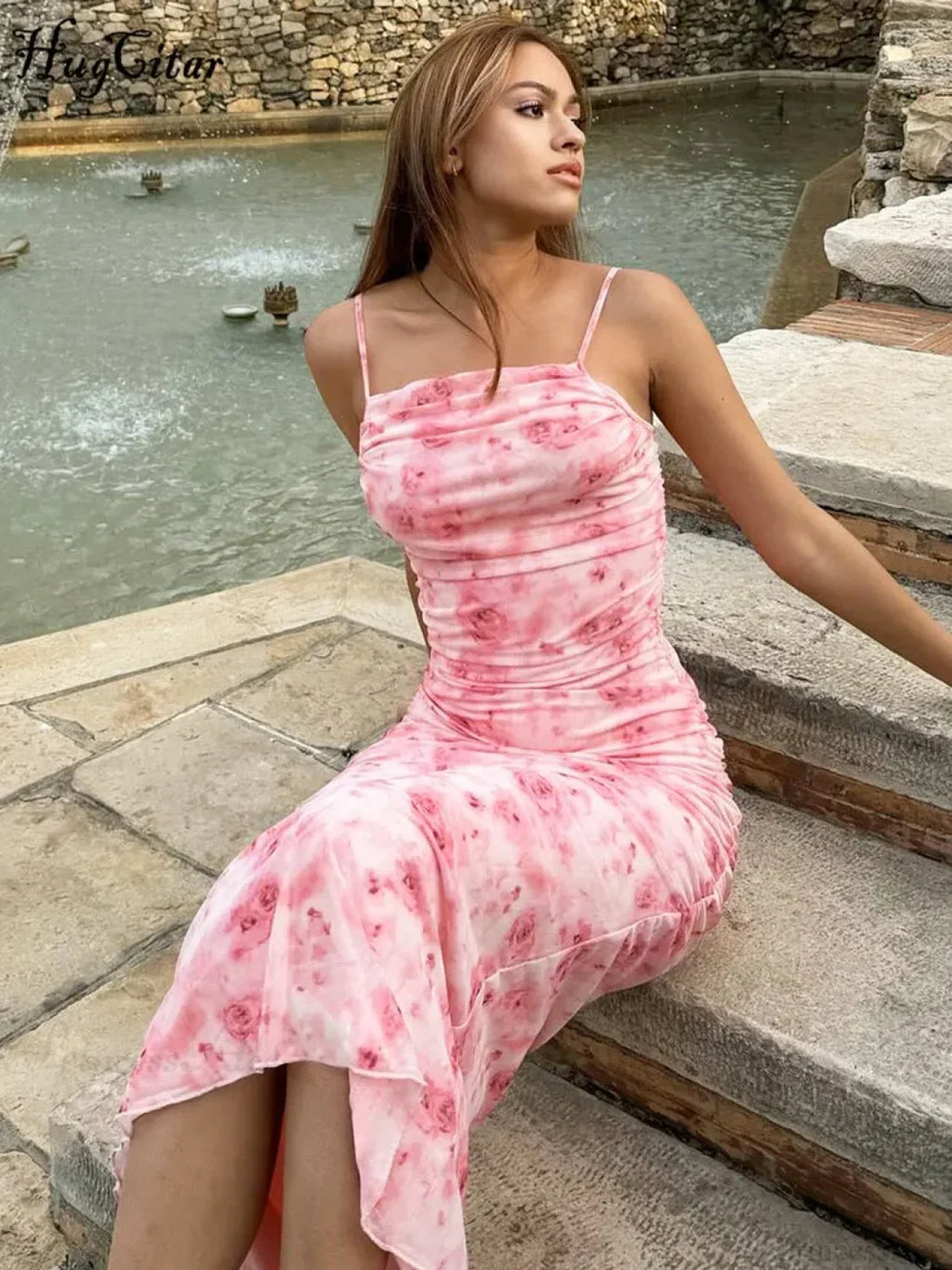 Backless Draped Floral Print Maxi Floral Dress image 4