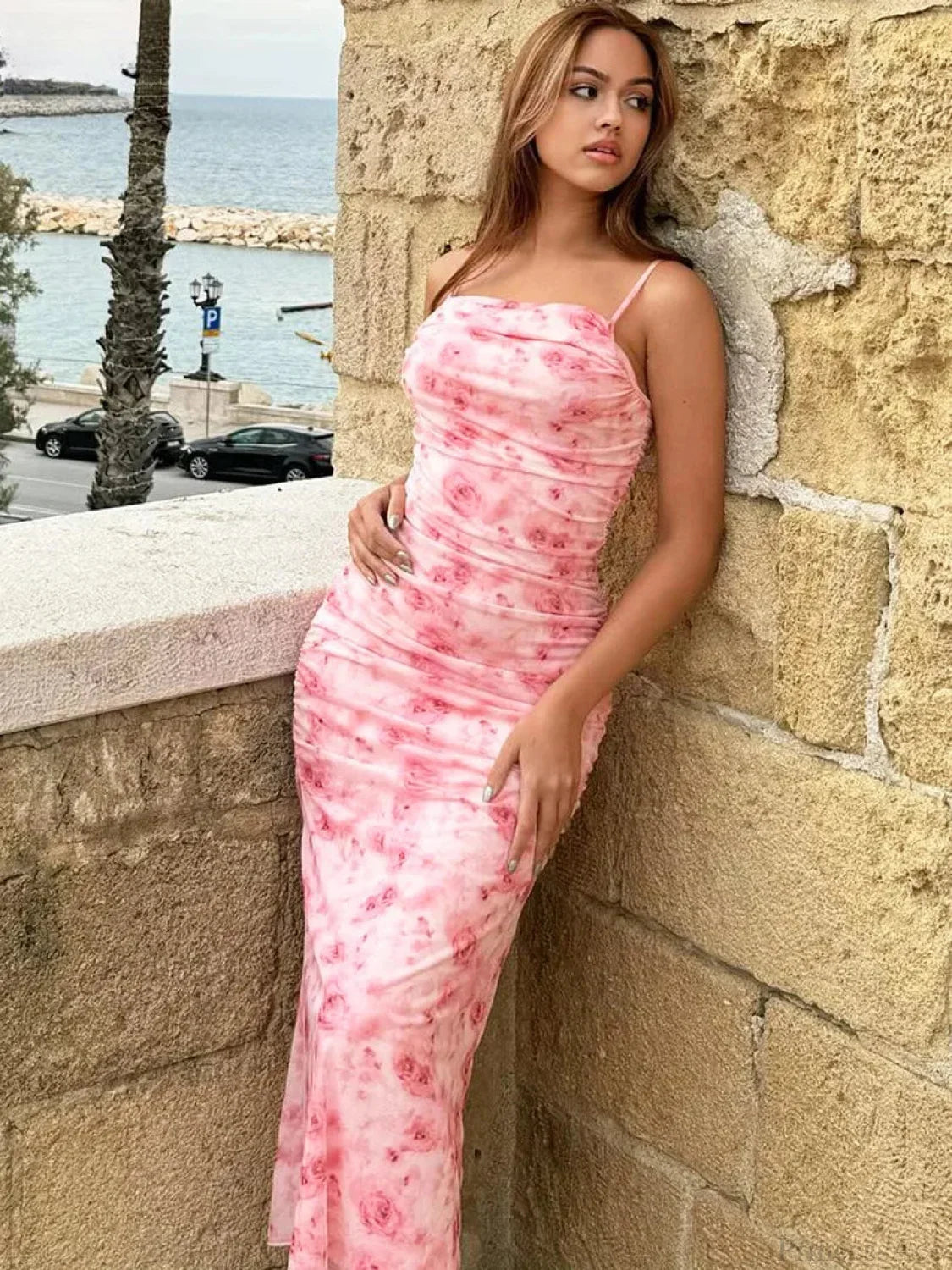 Backless Draped Floral Print Maxi Floral Dress image 1