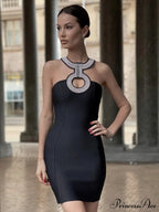 Backless Halter Sequined Diamonds Sparkly Black Bodycon Bandage Dress image 2