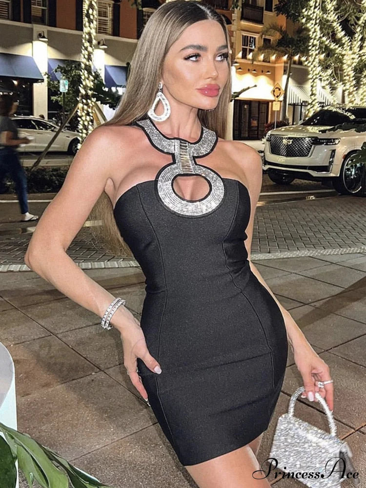 Backless Halter Sequined Diamonds Sparkly Black Bodycon Bandage Dress image 5
