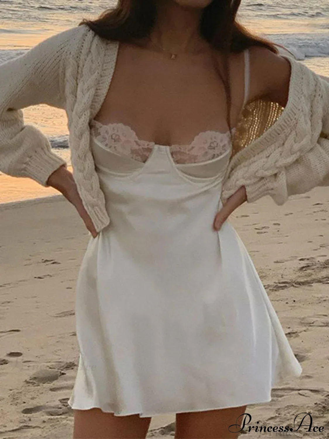 Backless Lace Paneled Trendy Satin Mini Dress image 4