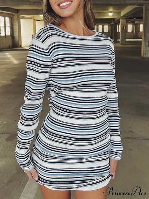 Backless Long Sleeve Trendy Striped Knit Mini Dress image 1