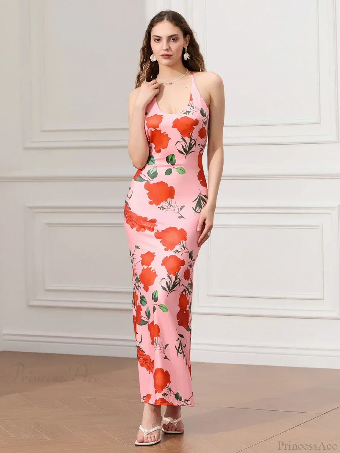 Backless Party Spaghetti Strap U-neck Bodycon Evening Floral Dress image 6