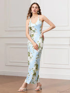 Backless Party Spaghetti Strap U-neck Bodycon Evening Floral Dress image 2
