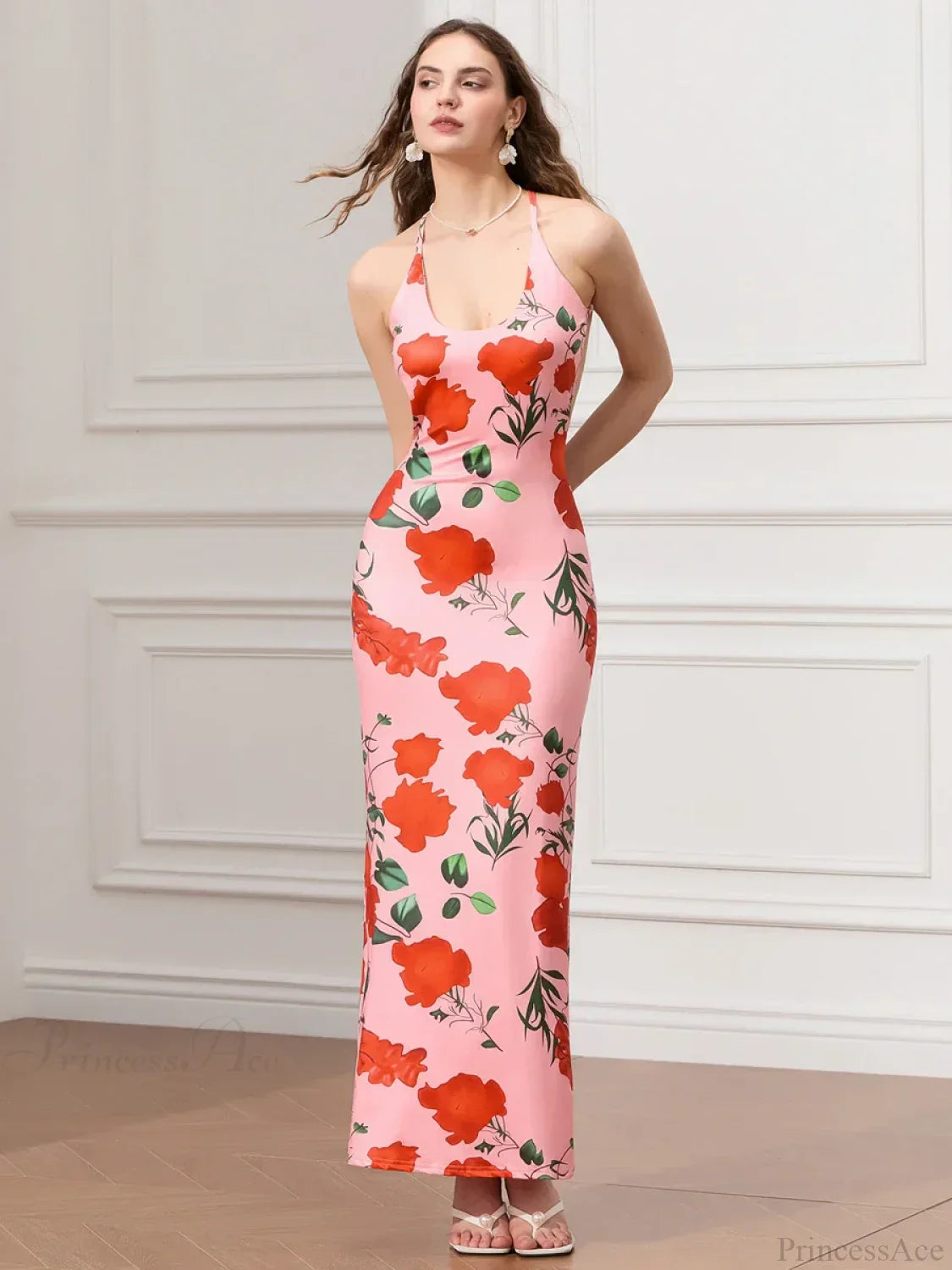 Backless Party Spaghetti Strap U-neck Bodycon Evening Floral Dress image 8