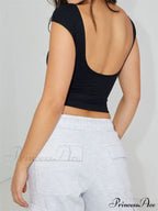 Backless Short Sleeve Low Cut O-Neck Crop Tops Solid Slim Fit T-shirts image 3