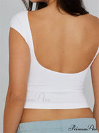 Backless Short Sleeve Low Cut O-Neck Crop Tops Solid Slim Fit T-shirts image 5