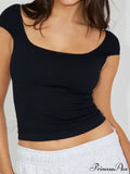 Backless Short Sleeve Low Cut O-Neck Crop Tops Solid Slim Fit T-shirts image 6