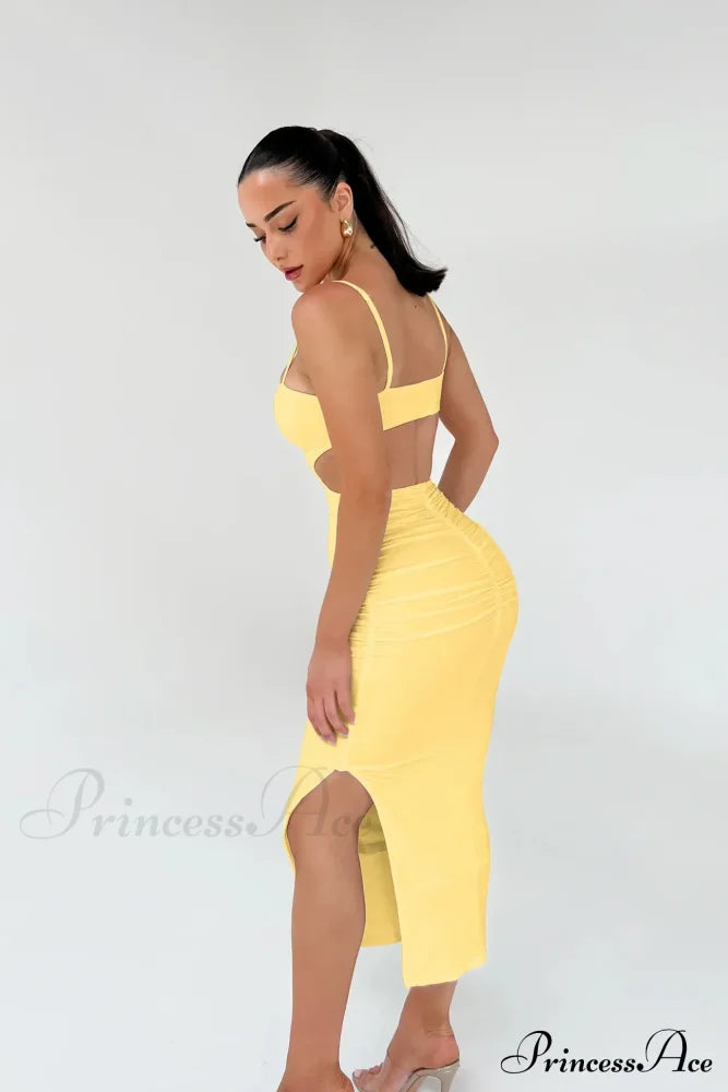 Backless Solid Fold Pleated Side Slit Summer New Women's Suspender Wrapped Buttocks Long Skirt Cut Out Dress image 4