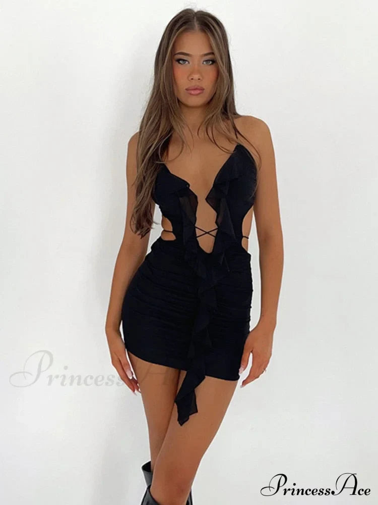 Backless Women Halter Ruffle Gown Party Coastal Festive Hollow - Out for Mini Bodycon Sexy Vestido image 3