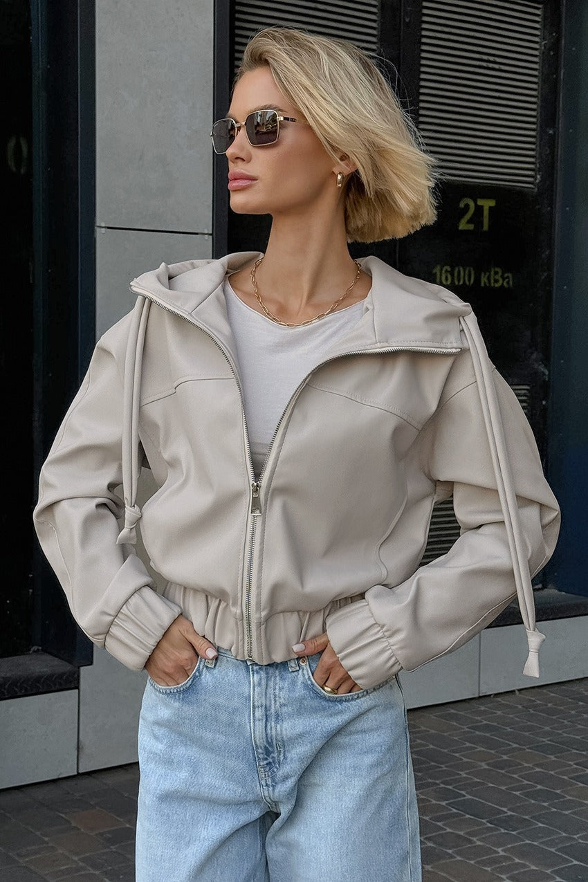 Black Faux Leather Hooded Loose Streetwear Jacket image 5