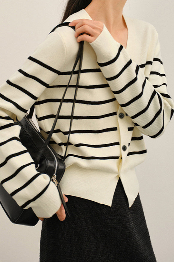 Knit Striped V Neck Colorblock Cardigan image 3