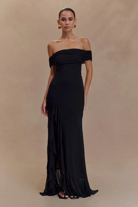 Off-Shoulder Ruffle Mesh Split Maxi Party Dress image 13