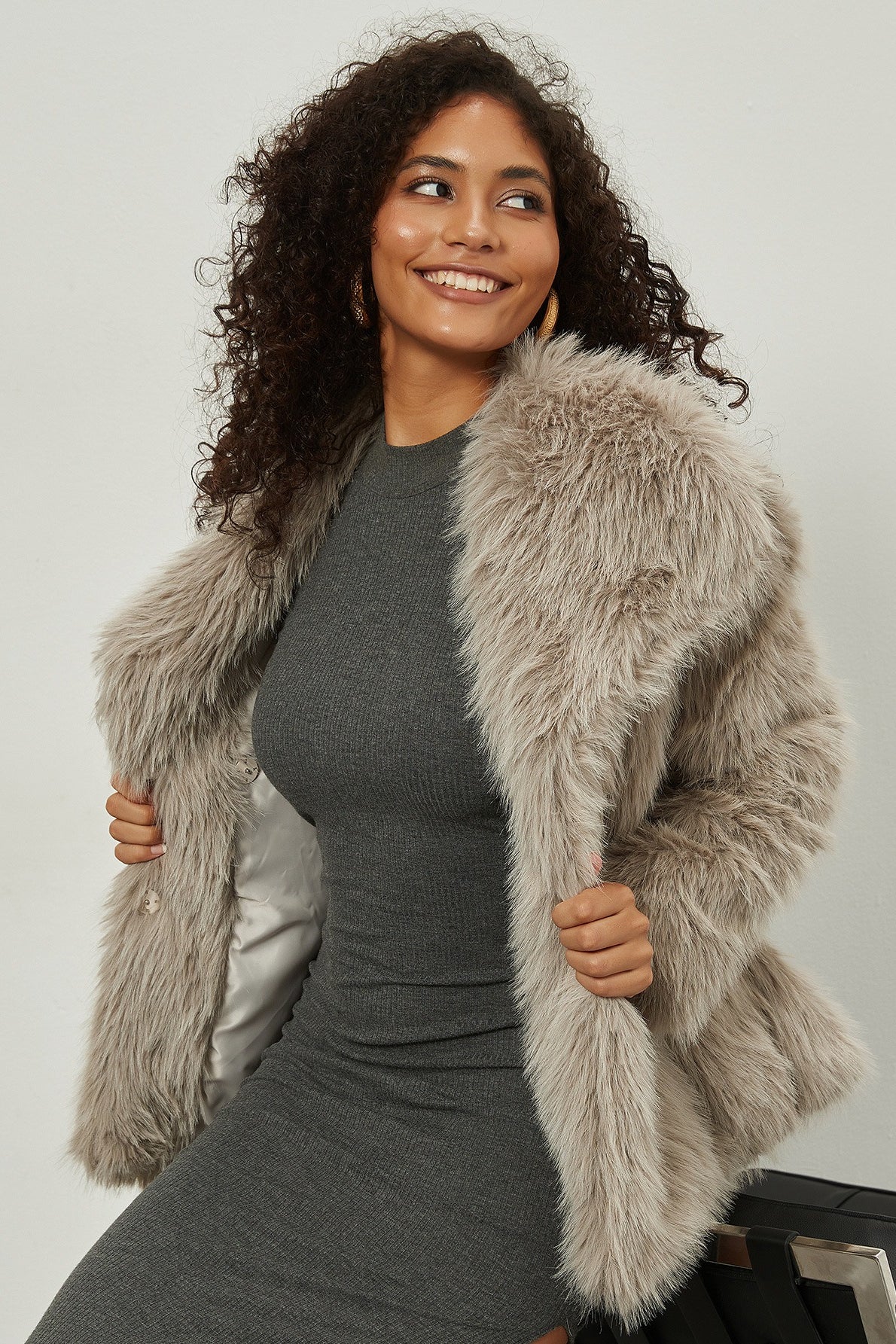 Faux Fur Notch Lapel Winter Coat image 5