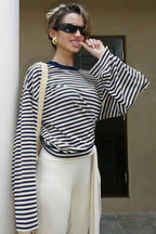 Striped Color Block Crew Neck Loose Long Sleeve Tee image 2