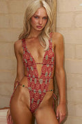 Chic Floral Lace Up Plunge Backless One Piece Swimwear image 1