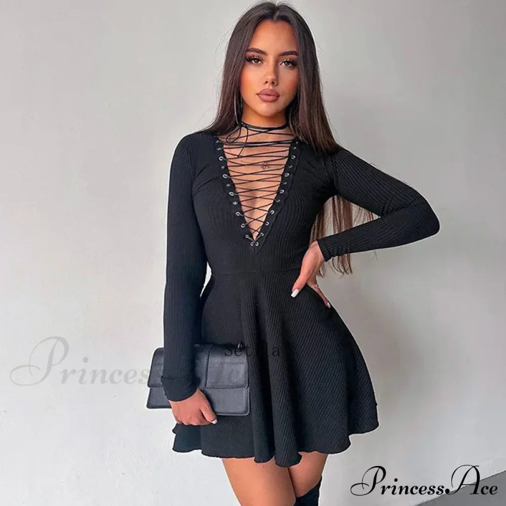 Bandage A-Line Lace Up Long Sleeve Mini Dress image 3