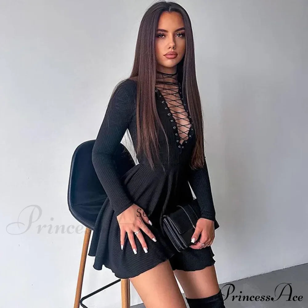 Bandage A-Line Lace Up Long Sleeve Mini Dress image 2