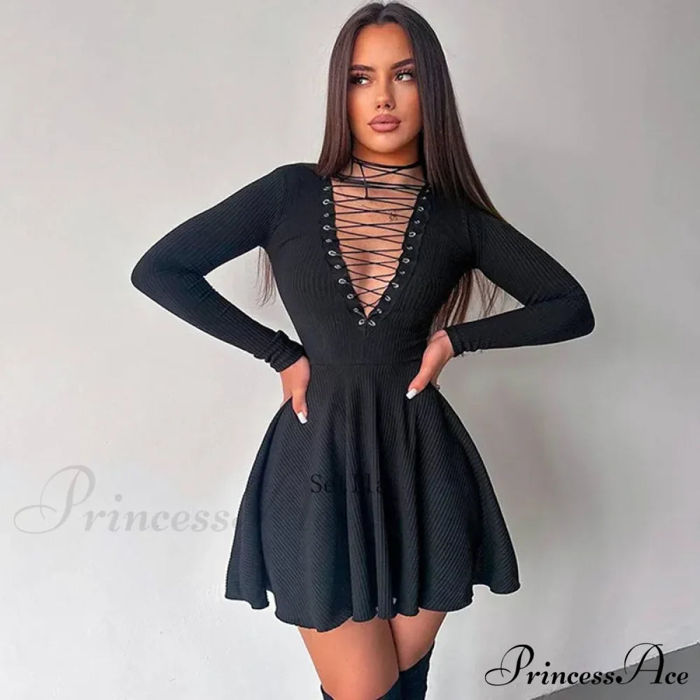 Bandage A-Line Lace Up Long Sleeve Mini Dress image 1