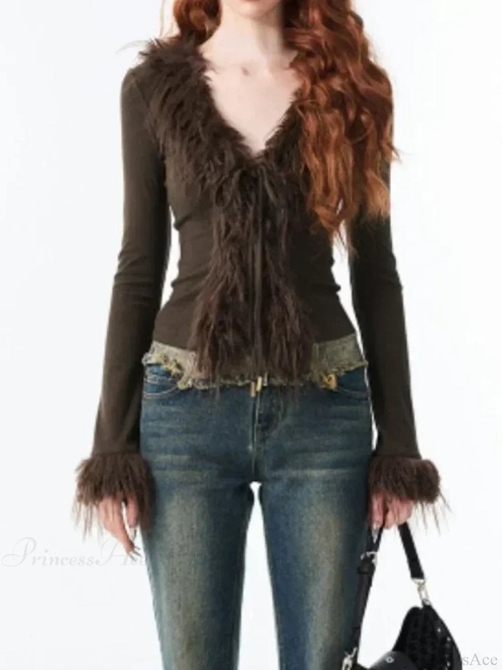 Bandage Fur Patchwork V-Neck Cardigan image 2